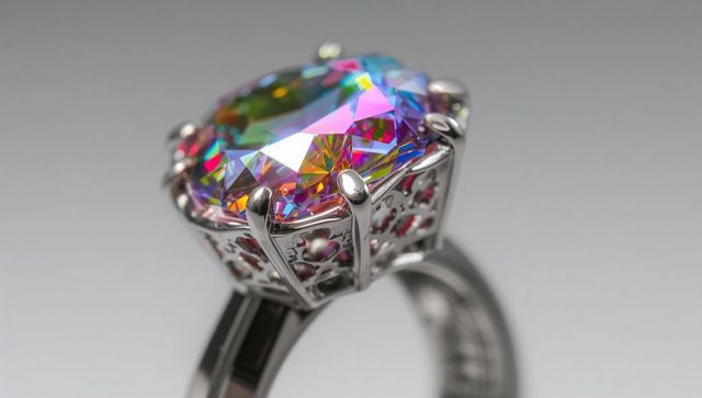 Iridescent mystic topaz solitaire ring showcasing floral filigree prong mount