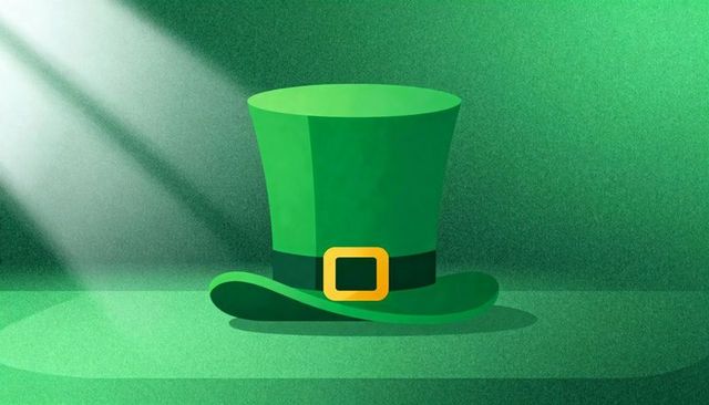 Emerald Leprechaun Top Hat on Stage under Diagonal Spotlight with Black Band and Gold Buckle