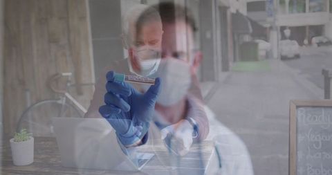 Health worker showing vaccine over senior in mask collage