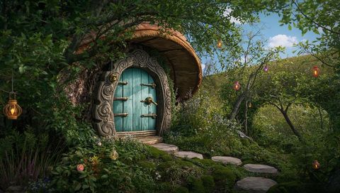 Enchanted Doorway in Magical Forest with Mystical Lanterns