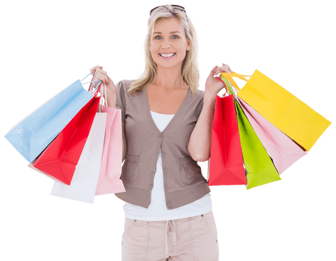 Joyful woman with colorful shopping bags on transparent background