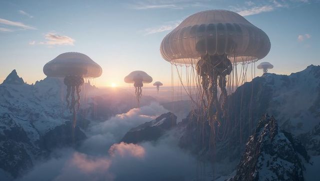 Giant bioluminescent jellyfish airships floating over alpine peaks at sunrise