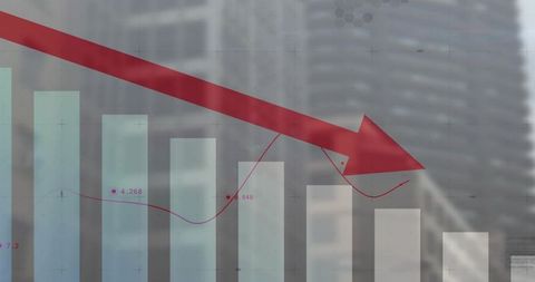 City financial downturn graph showing red downward arrow over translucent bar chart