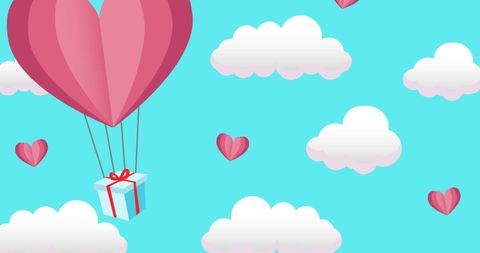 Heart Balloons with Gifts and Clouds on Blue Background