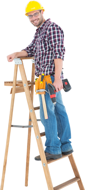 Transparent worker climbing ladder holding power drill smiling professional labor - Download Free Stock Videos Pikwizard.com