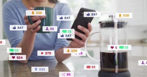 Woman Connecting Over Coffee with Social Media Icons at Home Kitchen