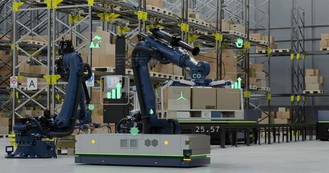 Futuristic Robotics in High-Tech Warehouse with Digital Interface