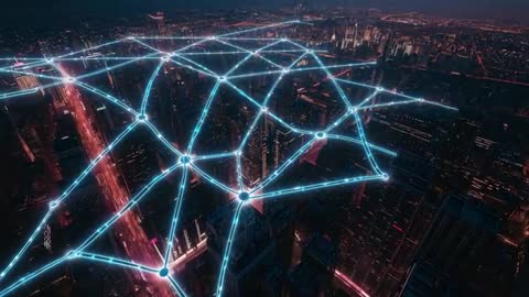 Glowing Network Nodes Connecting City Skyline at Dusk