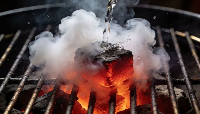 Pouring water over glowing charcoal briquette releasing steam and embers on grill