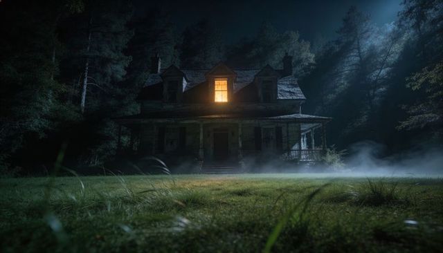 Victorian manor with lit dormer at night in misty forest