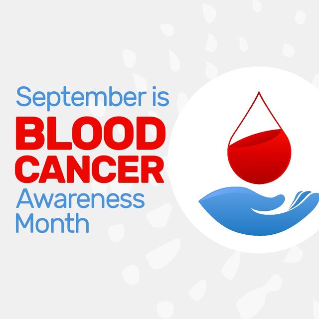 Graphic illustration emphasizing Blood Cancer Awareness Month in September, highlighting a hand and blood drop symbol. Suitable for healthcare campaigns, social media posts, educational materials, and organizations promoting awareness and support for blood cancer prevention and treatment.