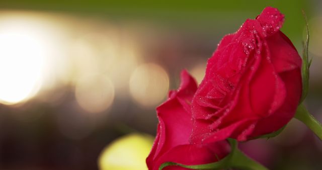 Close up of two red roses on display at florist shop with bokeh background, copy space. Florist, horticulture, flower, love, romance and valentine's day.