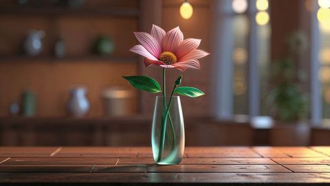 Pink Flower in Glass Vase on Rustic Kitchen Table