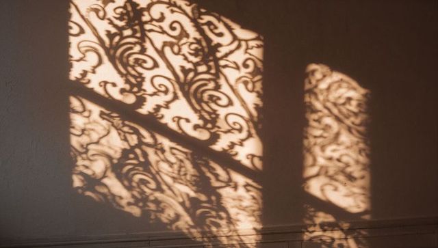 Ornate lace casting warm filigree and scrollwork shadows on plaster wall in morning light