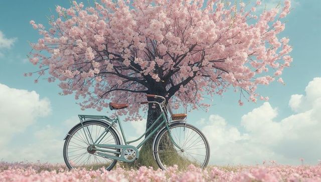 Cherry Blossom Serenity with Vintage Bicycle in Blooming Garden
