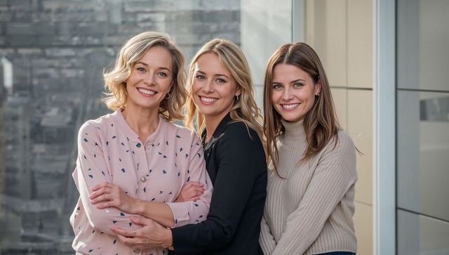 Three smiling women embracing on rooftop terrace overlooking urban skyline