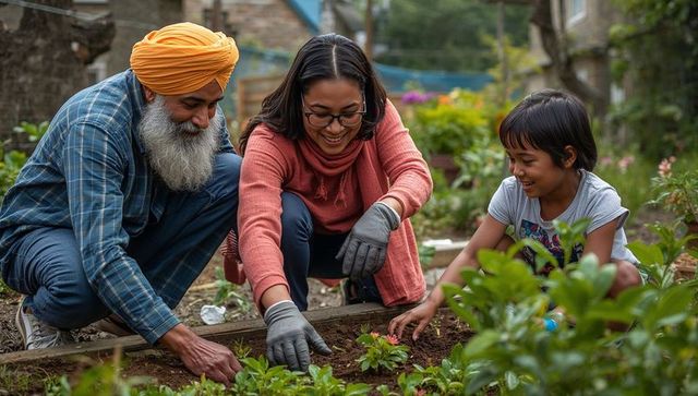 Family Planting Together in Backyard Garden
