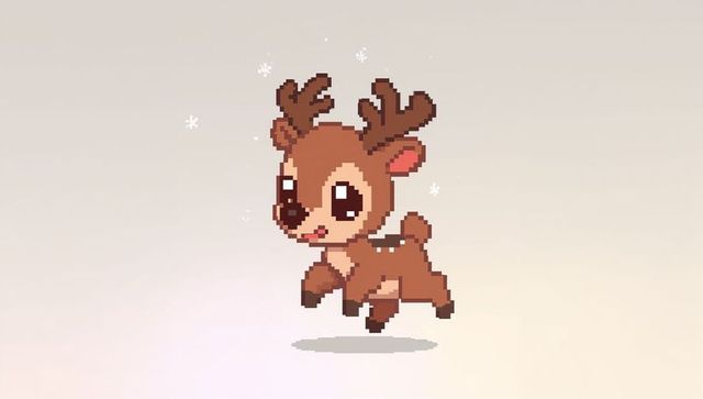Leaping 8-bit reindeer sprite with pixel snow floating above shadow on pastel gradient