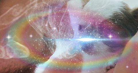Intimate couple pressing foreheads, bearded man and partner glowing in cosmic nebula light