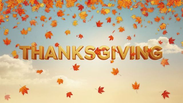Golden 3d thanksgiving text shining in autumn sky with falling maple leaves
