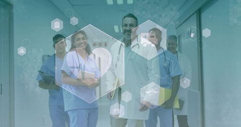 Healthcare team walking hospital corridor showing collaboration leadership augmented reality