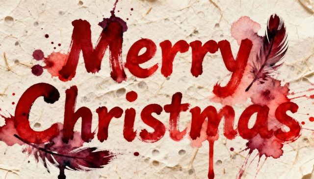 Displaying merry christmas watercolor lettering with crimson splashes, feathers, parchment texture