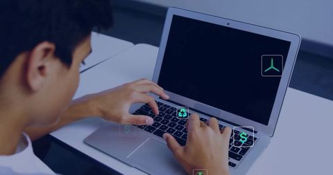 Teen typing on laptop with floating finance, education and eco icons for online learning