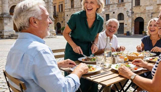 Senior friends laughing and sharing meal in historic piazza enjoying outdoor alfresco lunch