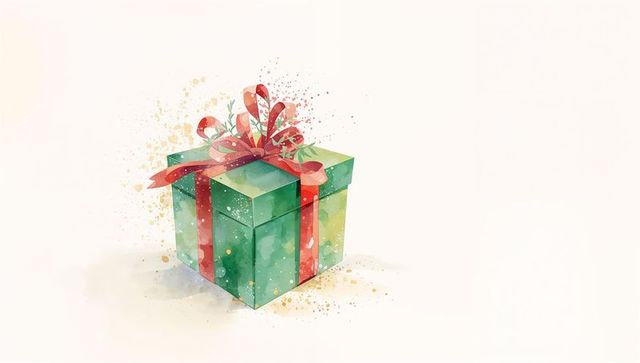 Watercolor christmas present with red ribbon and bow, minimalist festive design