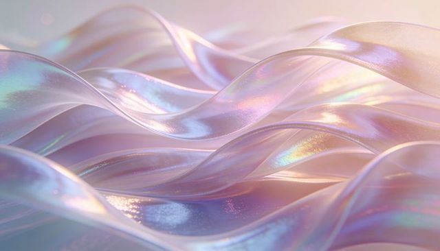 Iridescent translucent ribbons flowing pastel waves with pearlescent sheen and sparkle