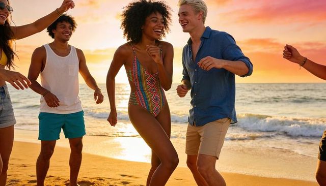 Friends dancing on golden sunset beach with smiling woman in colorful swimsuit