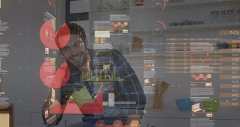 Smiling Businessman Analyzing Data with Digital Interface Projection