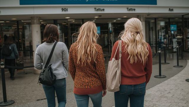 Three friends walking toward building entrance wearing jeans and sweaters