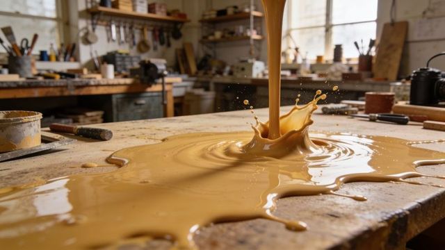 Pouring caramel varnish creating glossy crown splash on wooden workbench in workshop
