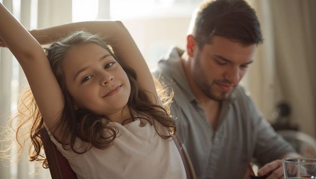 Smiling girl stretching at sunlit dining table with father using smartphone