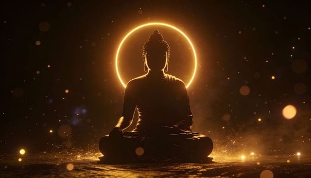 Golden buddha silhouette with halo and glowing aura in meditative lotus pose on textured floor