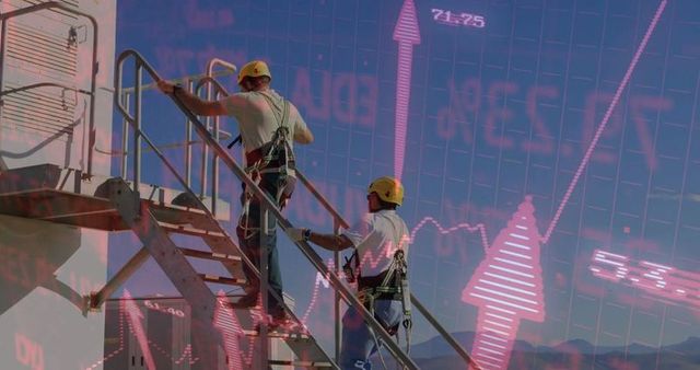Industrial workers climbing stairs with financial data graphics