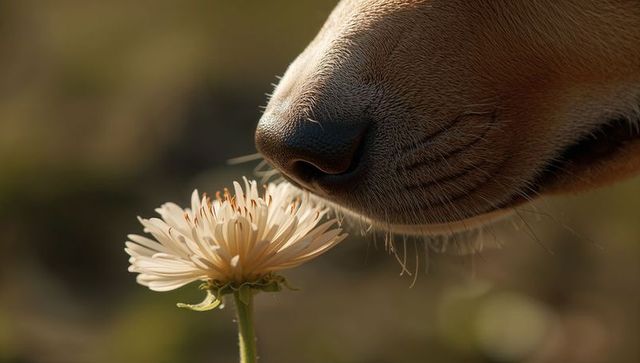 Dog nose sniffing pale daisy at golden hour closeup macro with whisker detail