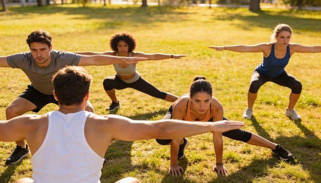 Sunlit outdoor fitness class training group performing dynamic bodyweight exercises in park