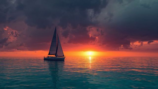 Sailboat gliding at fiery sunset over calm ocean with dramatic clouds and seagulls