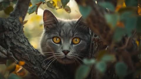 Curious Grey Cat Observing from Tree Trunk in Lush Garden