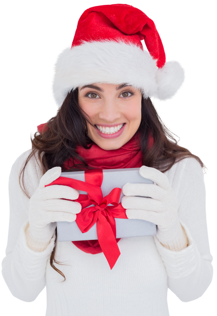 Smiling Woman in Santa Hat Holding Gift Against Transparent Background - Download Free Stock Videos Pikwizard.com