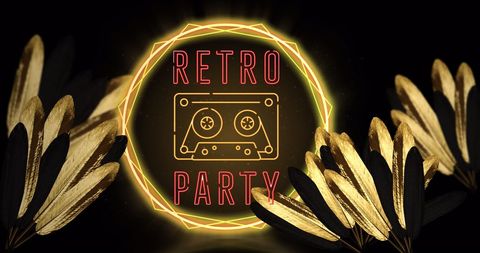 Retro party neon sign with vintage cassette tape