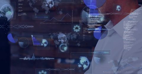 Businessman Analyzing Global Data with Futuristic Holographic Analytics Overlay