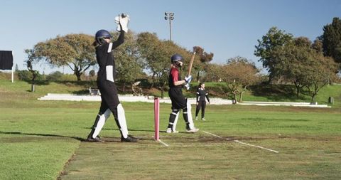 Female Cricketers Celebrating End with Vibrant Pink Stumps