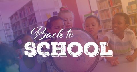 Children Exploring Geography with Globe in Library Setting