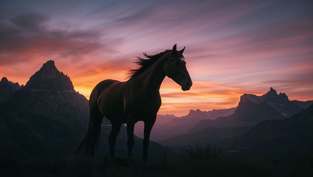 Horse Silhouette on Mountain Ridge at Majestic Sunset