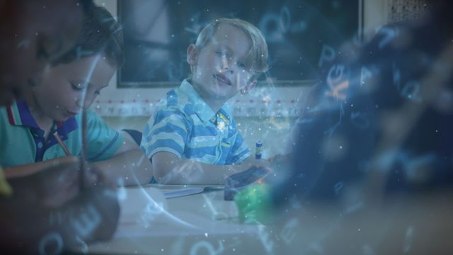 Boy sitting in a classroom surrounded by floating digital alphabet symbols represents education and modern learning. Ideal for illustrating educational themes, childhood learning concepts, or digital education tools.