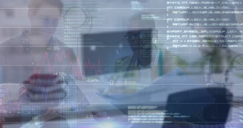 Multiracial Coworkers Analyzing Data with Graphs in Digital Meeting