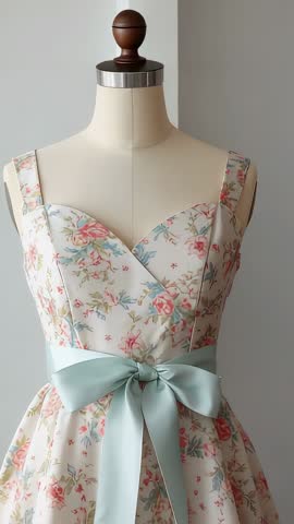 Vertical video panning across vintage floral sundress on mannequin, revealing mint sash